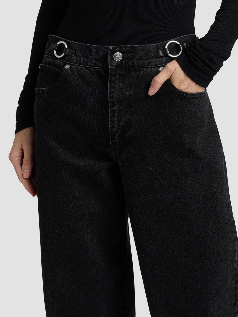 Frame Denim Black Wide Leg High-Rise Jeans with O-Ring Details